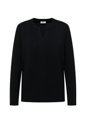 Top negro de manga larga con escote en V, confeccionado con una tela lisa y un diseño minimalista. Detalle sutil de costuras que recorren el frente.