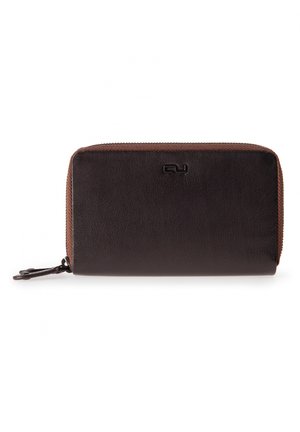 Brown leather wallet with a dark brown texture, zip closure, and subtle branding on the front. Slightly rounded edges. Compact and rectangular shape.