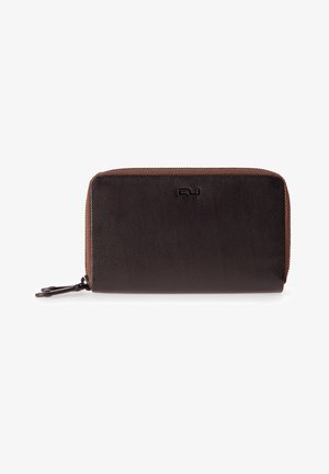 Brown leather wallet with a dark brown texture, zip closure, and subtle branding on the front. Slightly rounded edges. Compact and rectangular shape.