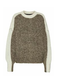 Pull en tricot épais avec un corps marron et des manches crème, présentant des poignets côtelés et un col arrondi. Doux au toucher avec des couleurs contrastantes.