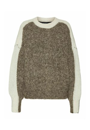 Chunky stickad tröja med brun kropp och krämfärgade ärmar, med ribbade muddarna och rundad halsringning. Mjuk textur med kontrasterande färger.