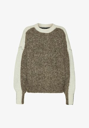 Chunky pleteni pulover s smešnim tijelom u smeškastoj boji i kremastim rukavima, s rebrastim manžetama i okruglim izrezom. Meko teksturu s kontrastnim bojama.