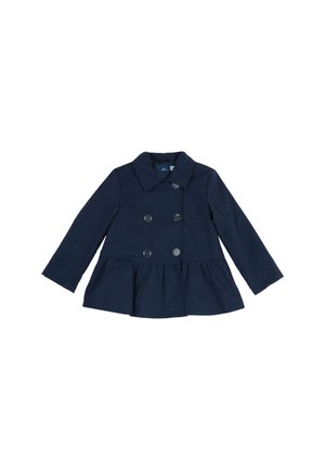 Navy-blauem Sakko mit doppelter Knopfleiste, das sechs Knöpfe, einen breiten Kragen und einen Peplum-Saum aufweist. Aus einem glatten Stoff gefertigt.