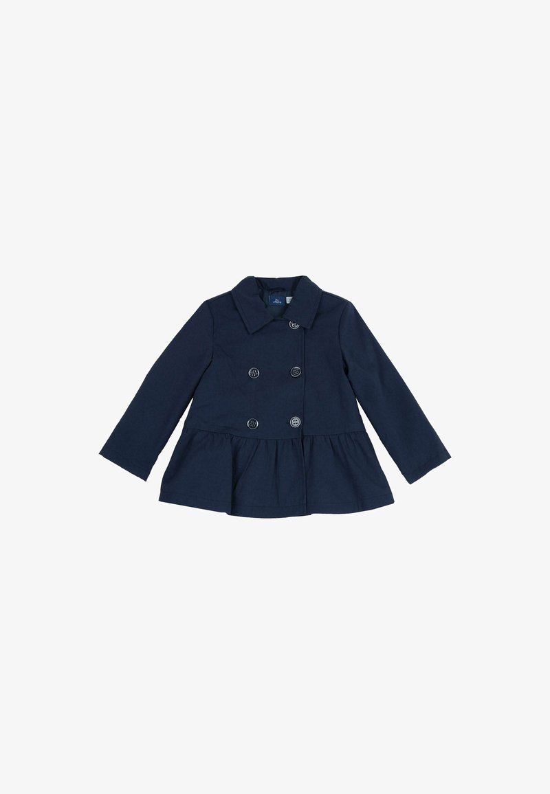 Veste bleu marine à double boutonnage, doté de six boutons, d'un large col et d'un bas à peplum. Fabriquée en tissu lisse.