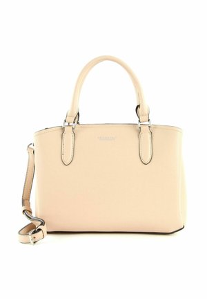 Sac à main synthétique beige avec doubles poignées, bandoulière amovible, garnitures argentées et forme structurée. Présente un logo subtil à l'avant.