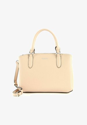 Sac à main synthétique beige avec doubles poignées, bandoulière amovible, garnitures argentées et forme structurée. Présente un logo subtil à l'avant.