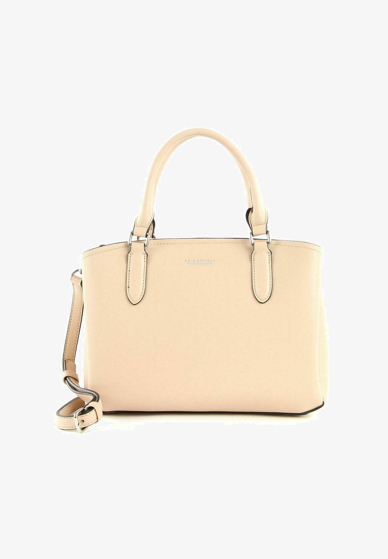 Sac à main synthétique beige avec doubles poignées, bandoulière amovible, garnitures argentées et forme structurée. Présente un logo subtil à l'avant.