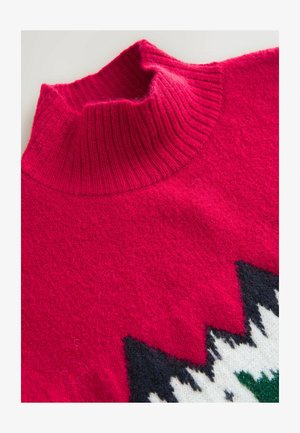 Kootud sviiter kõrge, ribadega roosa kraega. Omab tekstureeritud roosat keha ja geomeetrilist valge, musta ja rohelise mustrit ääres.