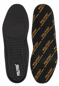 Black insoles with textured, breathable fabric on top and a contrasting black base featuring the "POLIYOU" logo in orange, highlighting active carbon.