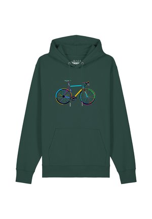 Dunkelgrüner Hoodie mit Fronttasche und mehrfarbiger Linienzeichnung eines Rennrads auf der Brust gedruckt.