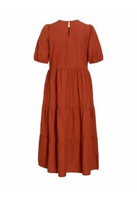Robe midi à volants couleur rouille avec manches courtes bouffantes et détail dos avec ouverture en forme d'œillet.
