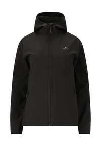 Veste softshell noire avec capuche, dotée d'un zip frontal, de poches latérales et d'un petit logo sur la poitrine gauche. Texture lisse.