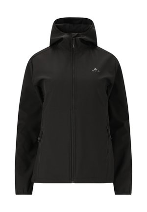 Schwarze Softshell-Jacke mit Kapuze, mit einem Reißverschluss vorne, Seitentaschen und einem kleinen Logo auf der oberen linken Brust. Glatte Textur.