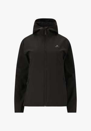 Musta pehmeäkuorijakku hupulla, jossa on vetoketjulla varustettu etuosa, sivutaskut ja pieni logo vasemmassa ylärintakehässä. Sujuva pinta.