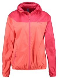 Veste coupe-vent légère en rose vif et corail, avec une capuche, un zip à l'avant, des poignets élastiques et des poches latérales.