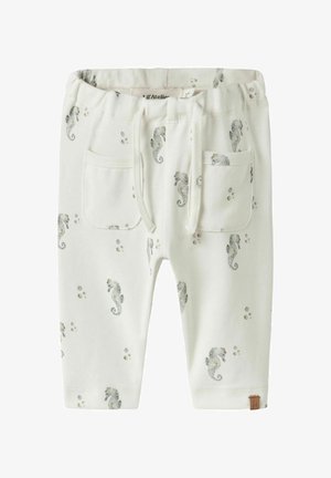 Białe spodnie niemowlęce z elastycznym pasem, przednimi kieszeniami, troczkiem i nadrukami szarych koników morskich na całej powierzchni.