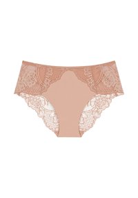 Ropa interior beige con encaje en los bordes, adornos de encaje floral en los laterales, textura suave y transparente, diseño sin costuras y cobertura moderada.