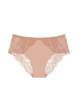 Beige Unterwäsche mit Spitzeneinsätzen, floralem Spitzenmuster an den Seiten, weichem, transparentem Material, nahtlosem Design und moderater Bedeckung.