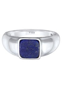 Silberring mit einem quadratischen Lapislazuli-Stein. Glatte Oberfläche, minimalistisches Design, mit "925" für Sterlingsilber gekennzeichnet. Kompakte und markante Form.