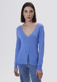 Cardigan azzurro chiaro con scollatura a V, maniche lunghe, chiusura frontale con bottoni, polsini e orlo a costine, realizzato in un morbido materiale a maglia fine.
