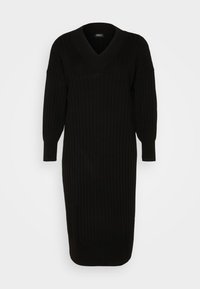 Robe noire tricotée avec un col en V, texture côtelée, manches longues et longueur au genou. Aucun motif ou accent visible.