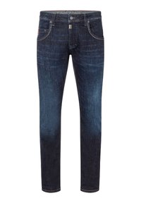 Donkerblauwe spijkerbroek met een rechte pijpdesign. Bevat subtiele vervagingen, vijf zakken en contraststiksel langs de naden.