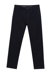 Dunkelblaue Baumwollchinos mit schmaler Passform, Knopfverschluss und Seitentaschen. Strapazierfähiger Stoff mit glatter Textur und cleanem Design.