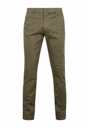Olive green, slim-fit chinos made from cotton. Features a flat front, zip fly, and a single button closure. Smooth texture with no patterns.