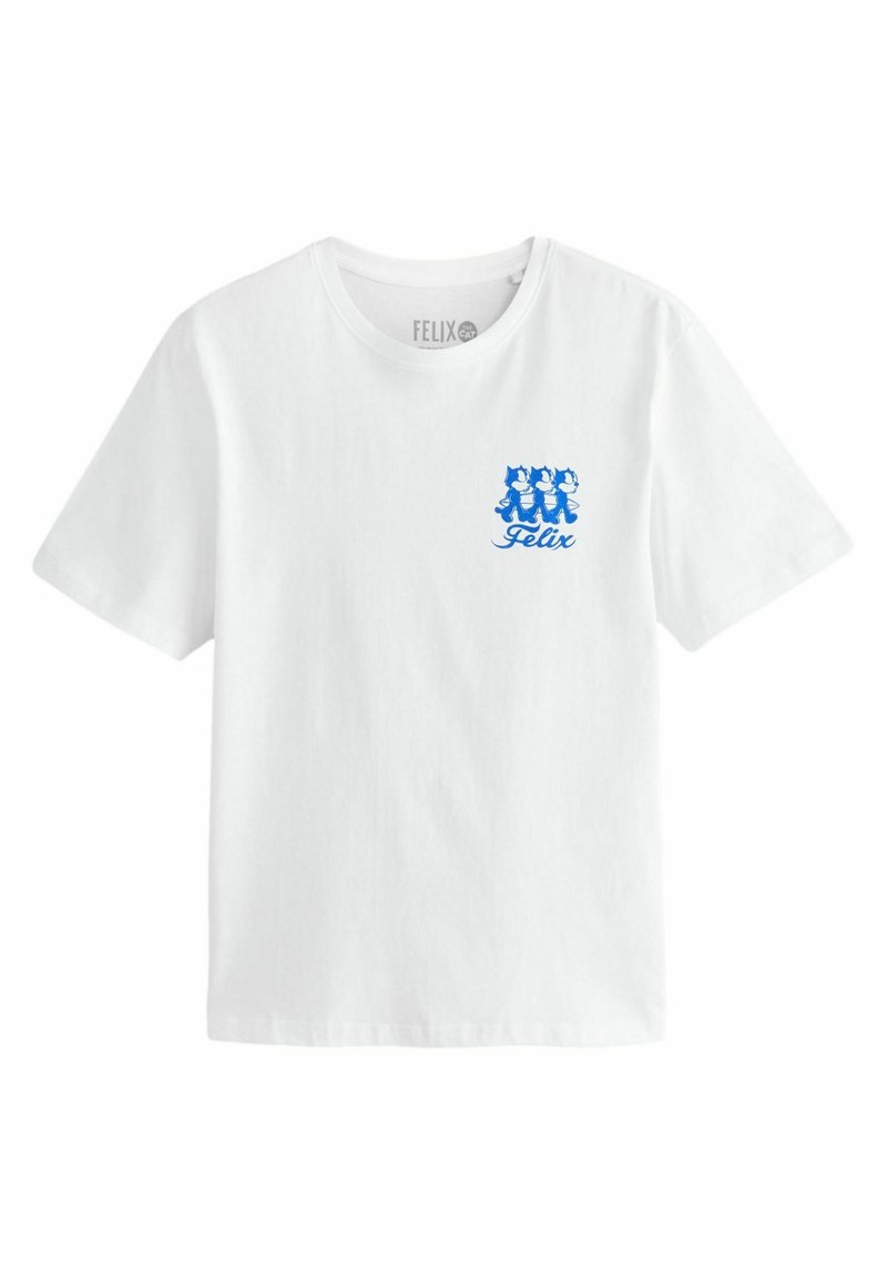 Witte katoenen t-shirt met korte mouwen, met een blauw ontwerp van drie katten en de tekst "Felix" op de linkerborst.