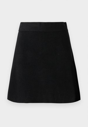 Schwarzer A-Linien-Rock mit breitem Bund, glatter Textur und einfachem Design, vor einem hellgrauen Hintergrund dargestellt.