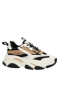 Sneaker chunky con tomaia in pelle bianca e rete nera, dettagli in beige e suola in gomma spessa. Presenta un pull tab e lacci.