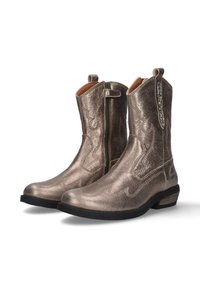 Stivali da cowboy in bronzo metallico con finitura testurizzata, cerniera laterale, linguetta per il tiro e cuciture decorative. Suola in gomma nera, tacco basso.
