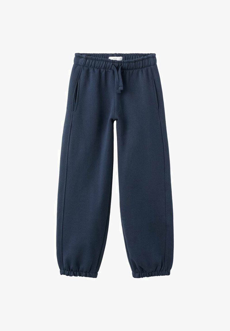 Navy modri sweatpants iz mehkega materiala, ki imajo elastičen pas z vrvico, stranske žepke in manšete na robovih za ožji fit.