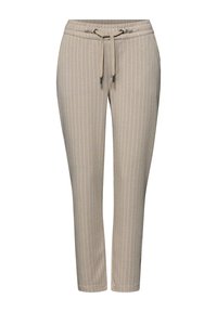 Beige, zulaufende Hose mit weißen, vertikalen Nadelstreifen, elastischem Bund und vorderseitigem Kordelzug mit Metallenden, frontseitig dargestellt.