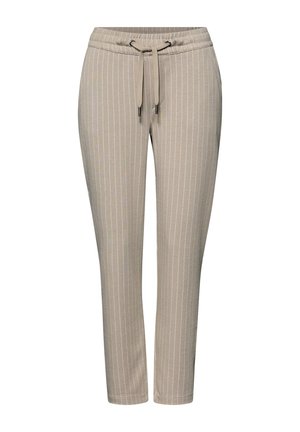 Pantalon beige fuselé avec fines rayures verticales blanches, taille élastique et cordon de serrage à l'avant avec embouts métalliques, présenté de face.
