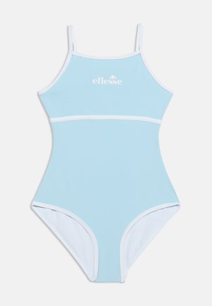 Maillot de bain une pièce bleu clair avec bordure blanche et fines bretelles, avec logo blanc de la marque ellesse sur la poitrine.