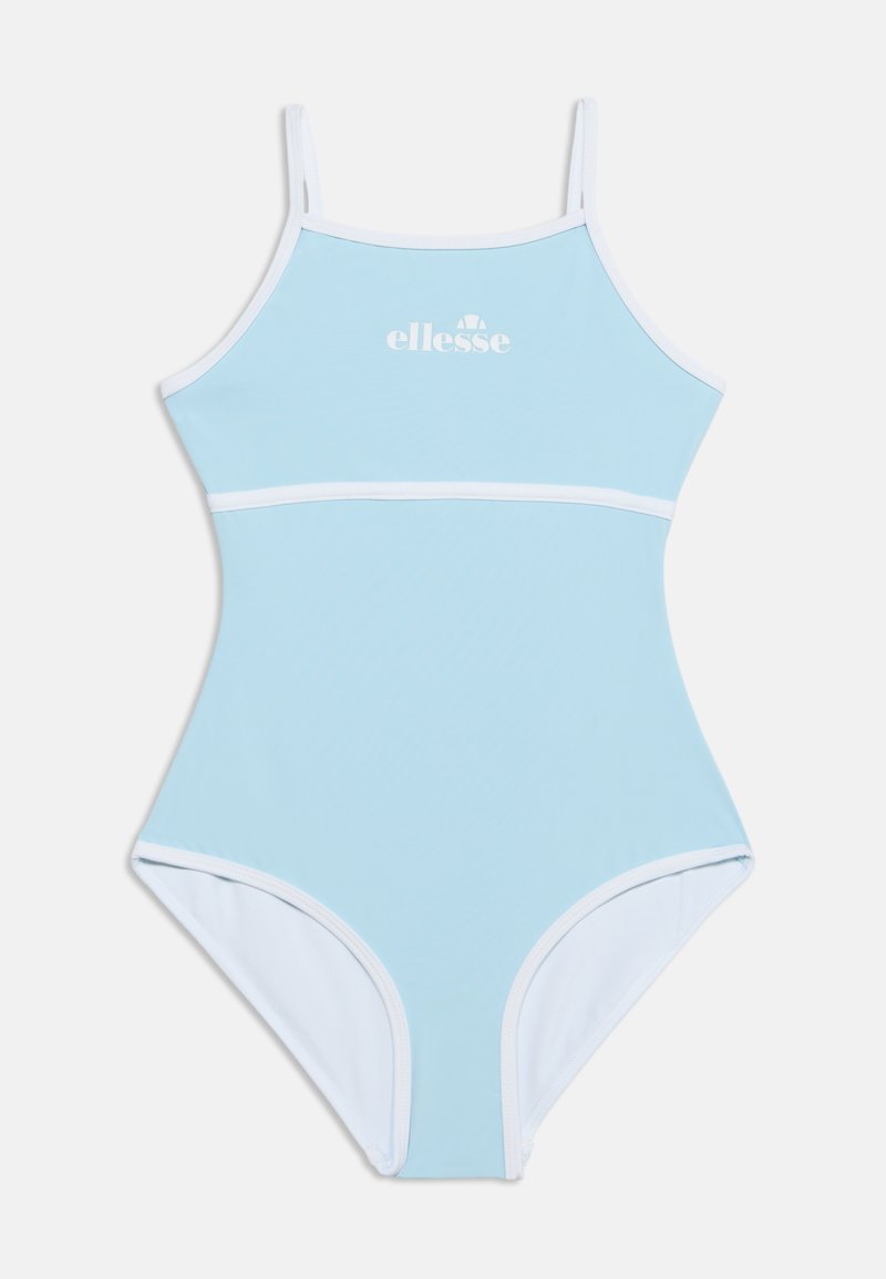 Maillot de bain une pièce bleu clair avec bordure blanche et fines bretelles, avec logo blanc de la marque ellesse sur la poitrine.
