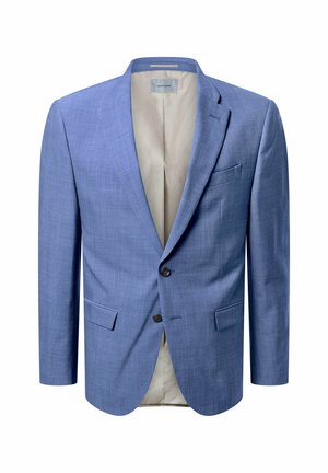 Hellblauer Herrenblazer mit zwei schwarzen Knöpfen, Revers mit Kerbkragen und vorderen Pattentaschen, beige Innenfutter sichtbar.