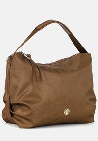 Borsa a tracolla sintetica marrone con superficie texture, chiusura superiore con zip e un accento del logo dorato. Caratterizzata da una tracolla e una capacità generosa.