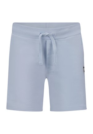 Helle blaue Shorts aus weichem Stoff, mit einem elastischen Bund und Kordelzug, kurzer Länge und einem kleinen Logopatch an der Seite.