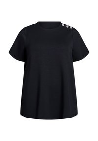 Black, short-sleeve t-shirt made of soft fabric. Features three decorative buttons on the left shoulder, round neckline, and relaxed fit.