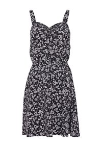 Robe noire à fleurs blanches, bretelles fines, corsage ajusté et taille élastiquée. Jupe trapèze s'écoulant doucement depuis la taille.