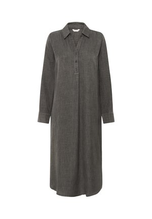 Rochie din in gri, cu manșon lung, guler și un placket cu patru butoane, oferind o siluetă relaxată și o textură subtilă.