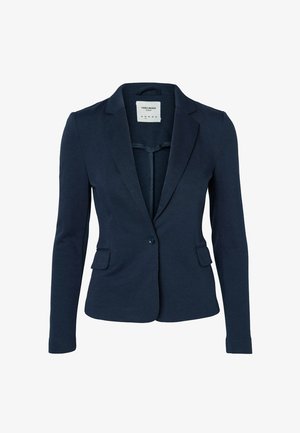 Blazer bleu marine en tissu extensible, avec fermeture à un bouton, deux poches frontales et un col cranté.