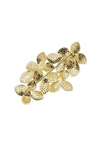Gold-toned metal hair clip shaped like overlapping textured leaves with small raised dots, secured with a clasp on the back.