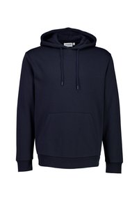 Felpa blu navy realizzata in cotone misto, con tasca a marsupio, cappuccio regolabile con cordino e polsini e orlo a costine.
