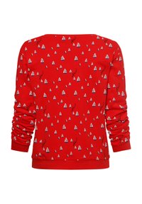 Rode sweatshirt met lange mouwen, voorzien van een patroon van kleine zeilboten en tekstaccenten. Gemaakt van zacht materiaal met een losse pasvorm.
