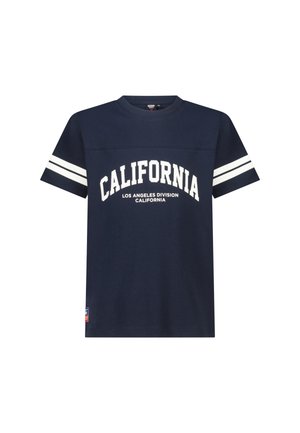 Marineblauw T-shirt met witte dubbele strepen op de mouwen en witte tekst "CALIFORNIA LOS ANGELES DIVISION CALIFORNIA" op de voorkant.