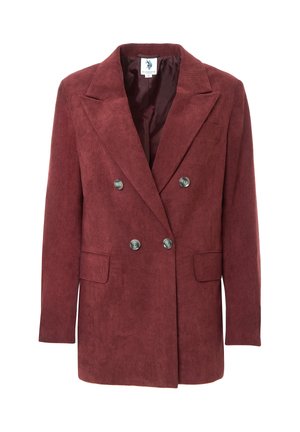 Blazer doppiopetto in velluto a coste bordeaux con collo a revers, due tasche davanti e bottoni color argento. Tessuto strutturato con interno foderato.