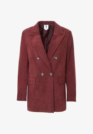 Blazer doppiopetto in velluto a coste bordeaux con collo a revers, due tasche davanti e bottoni color argento. Tessuto strutturato con interno foderato.